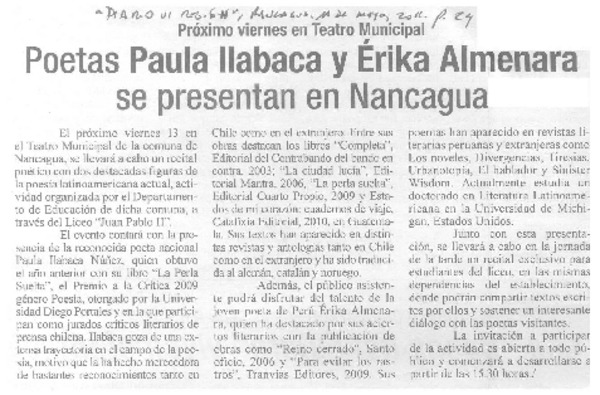 Poetas Paula Ilabaca y Érika Almenara se presentan en Nancahua  [artículo].
