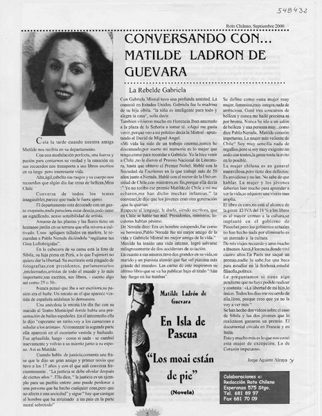 Conversando con Matilde Ladrón de Guevara  [artículo] Jorge Aguirre Alcaya