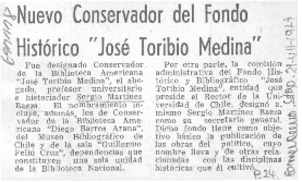 Nuevo conservador del fondo histórico "José Toribio Medina".