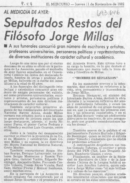 Sepultados restos del filósofo Jorge Millas.