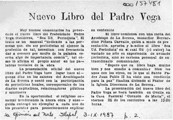 Nuevo libro del Padre Vega  [artículo].