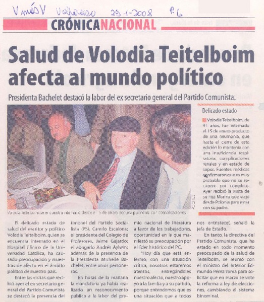 Salud de Volodia Teitelboim afecta al mundo político
