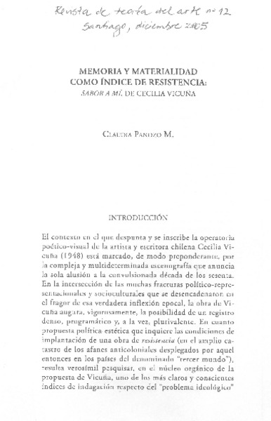 Memoria y materialidad como índice de resistencia: Sabor a mí, de Cecilia Vicuña.