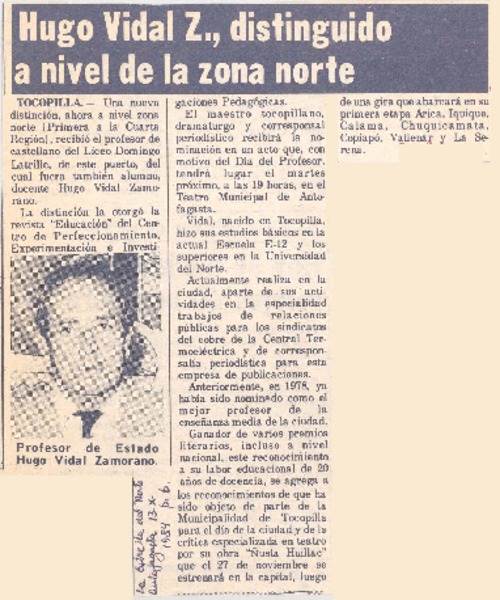 Hugo Vidal Z., distinguido a nivel de la zona norte.