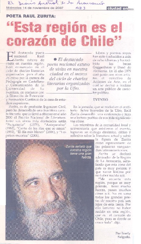 "Esta región es el corazón de Chile"  [artículo] Iverly Salgado.
