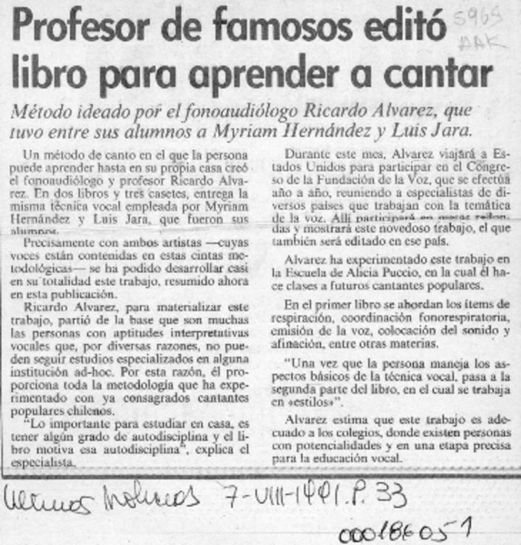 Profesor de famosos editó libro para aprender a cantar  [artículo].