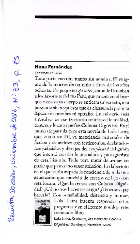 Sprinters, los niños de Colonia  [artículo] Nona Ferández.
