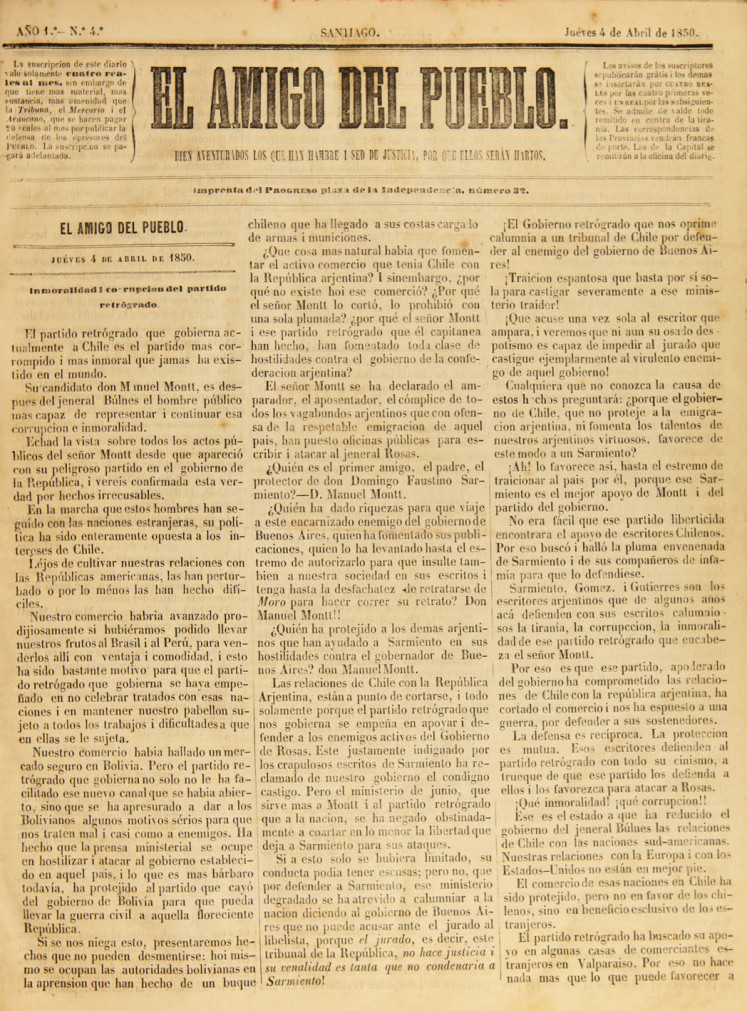 El Amigo del Pueblo. Año I, número 4, (4 abril 1850)