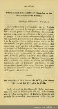 Prohibición de establecer ramadas en las festividades de Pascua: diciembre 12 de 1818