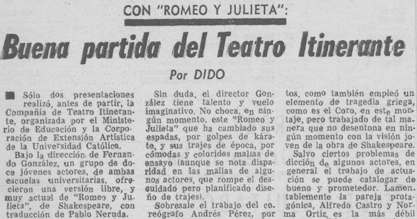 Buena partida del Teatro Itinerante : con "Romeo y Julieta"