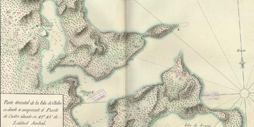 Parte oriental de la Isla de Chiloé, en la que se comprende el puerto de Castro situado a 42°45' de latitud austral, hacia 1770