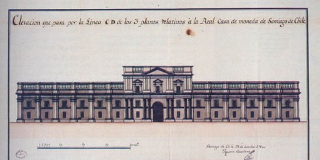 Elevación que pasa por la línea C D de los 3 planos relativos a la Real Casa de Moneda de Santiago de Chile, 1800