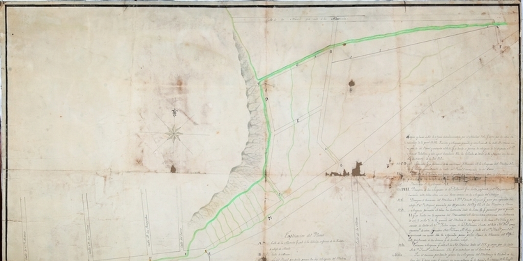 Plano de la manzana comprendida entre calles Miraflores, Huérfanos, Claras (Mac-Iver) y Agustinas, con sus acequias, Santiago, 1806