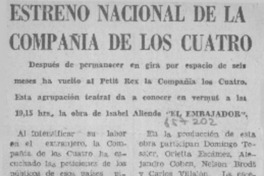 Estreno nacional de la compañía de los cuatro  [artículo]