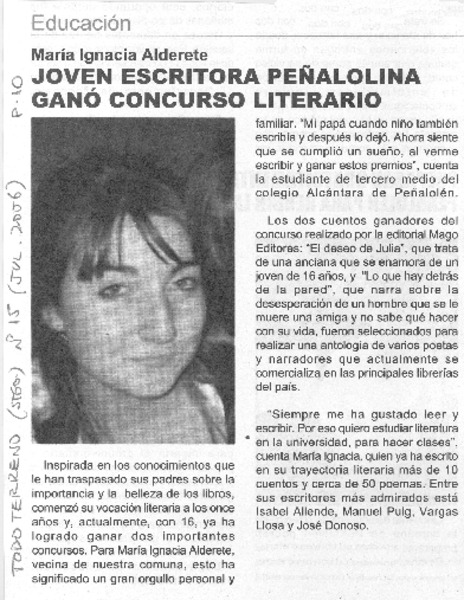 Joven escritora peñalolina ganó concurso literario