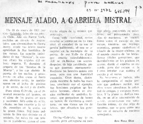 Mensaje alado, a Gabriela Mistral