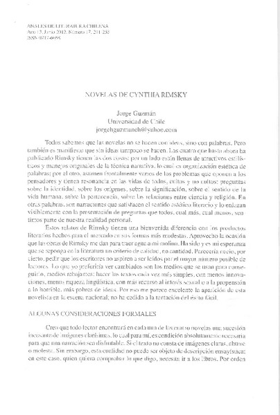 Novelas de Cinthya Rimsky  [artículo] Jorge Guzmán.