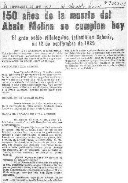 150 años de la muerte del Abate Molina se cumplen hoy.
