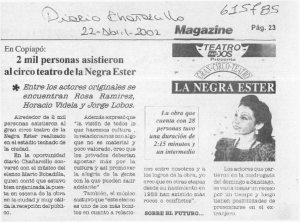 2 mil personas asistieron al circo teatro de la Negra Ester  [artículo]