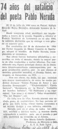 74 años del natalicio del poeta Pablo Neruda