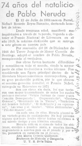74 años del natalicio de Pablo Neruda