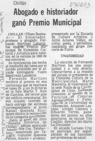 Abogado e historiador ganó premio municipal