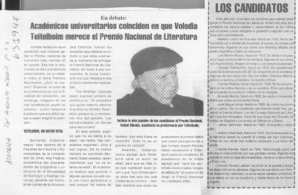 Académicos universitarios coinciden en que Volodia Teitelboim merece el Premio Nacional de Literatura  [artículo]