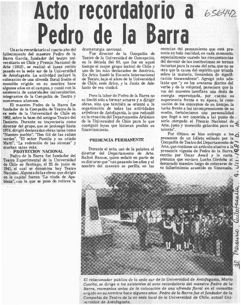 Acto recordatorio a Pedro de la Barra.  [artículo]
