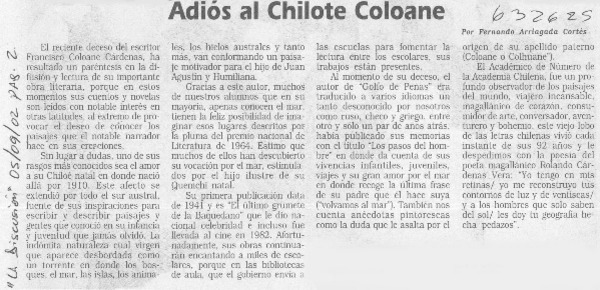 Adiós al chilote Coloane  [artículo] Fernando Arriagada Cortés