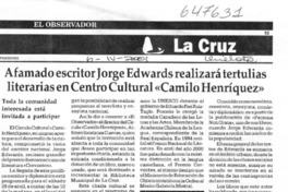 Afamado escritor Jorge Edwards realizará tertulias literarias en Centro Cultural "Camilo Henríquez"