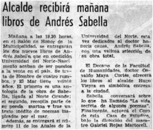 Alcalde recibirá mañana libros de Andrés Sabella.