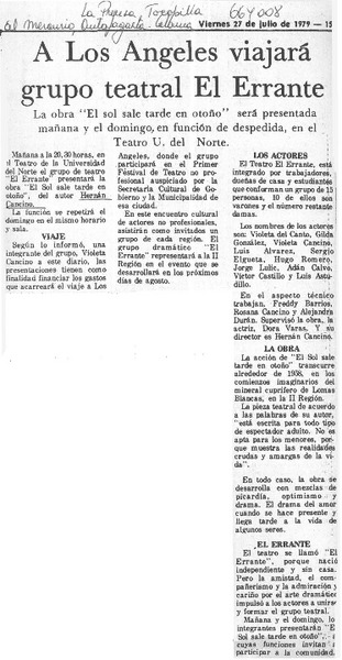 A Los Ángeles viajará grupo teatral El Errante.  [artículo]