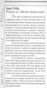 Ana Véliz, Premio al "Mérito intelectual".