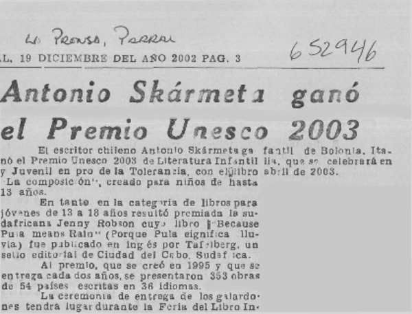 Antonio Skármeta ganó el Premio Unesco 2003  [artículo]