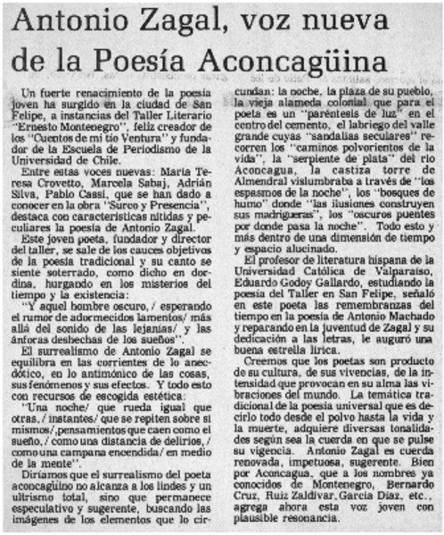 Antonio Zagal, voz nueva de la poesía aconcagüina.