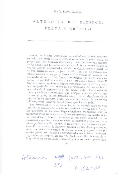 Arturo Torres Rioseco, poeta y crítico  [artículo] Raúl Silva Castro.