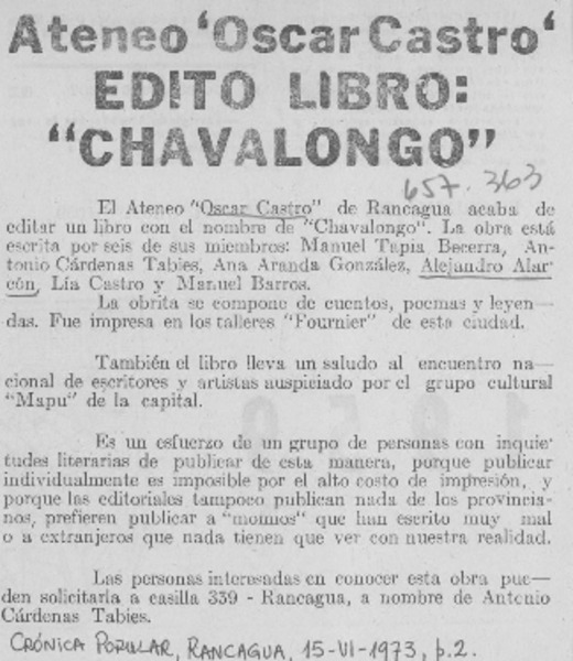 Ateneo "Oscar Castro" edito libro: "Chavalongo"