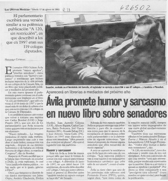 Ávila promete humor y sarcasmo en nuevo libro sobre senadores  [artículo] Marianela Cisternas