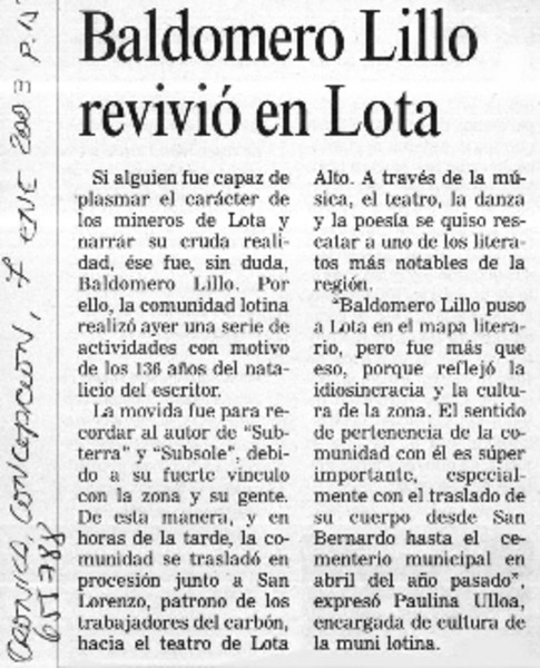 Baldomero Lillo revivió en Lota.  [artículo]