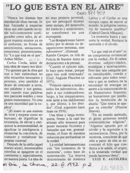 "Lo que está en el aire"  [artículo] Luis E. Aguilera.