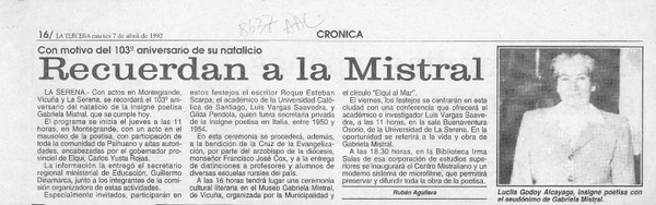 Recuerdan a la Mistral  [artículo] Rubén Aguilera.