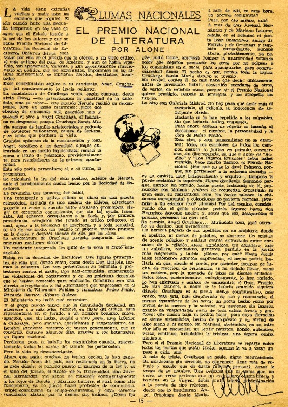 El Premio Nacional de Literatura  [artículo] Alone.