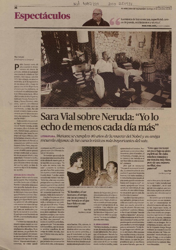 Sara Vial sobre Neruda: "yo lo echo de menos cada día más"  [artículo] Flor Arbulú.