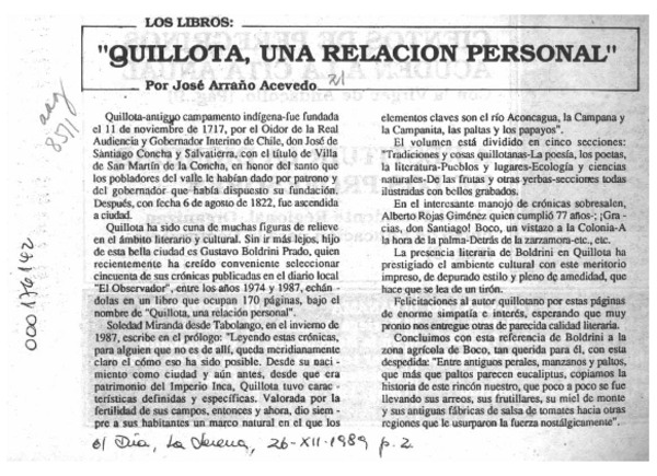 Gustavo Boldrini, "Quillota, una relación personal"  [artículo] José Arraño Acevedo.