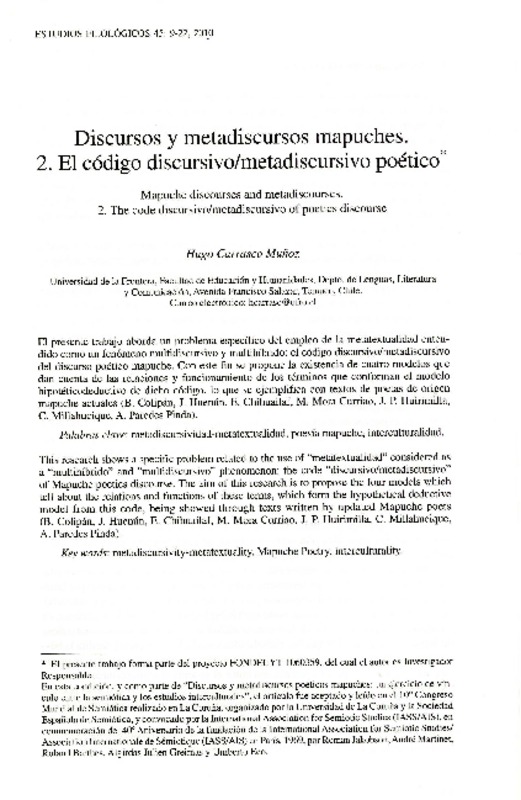 Discursos y metadiscursos mapuches  [artículo] Hugo Carrasco Muñoz.