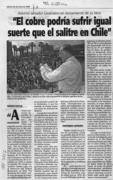 "El cobre podría sufrir igual suerte que el salitre en Chile"  [artículo] Robinson Carvajal.