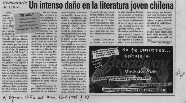 Un intenso daño en la literatura joven chilena  [artículo] Gabriel Castro Rodríguez.