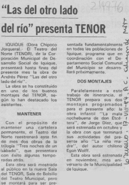 "Las del otro lado del río" presenta TENOR