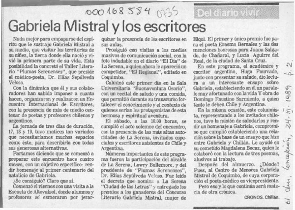 Gabriela Mistral y los escritores  [artículo] Cronos.