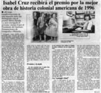 Isabel Cruz recibirá el premio por la mejor obra de historia colonial americana de 1996